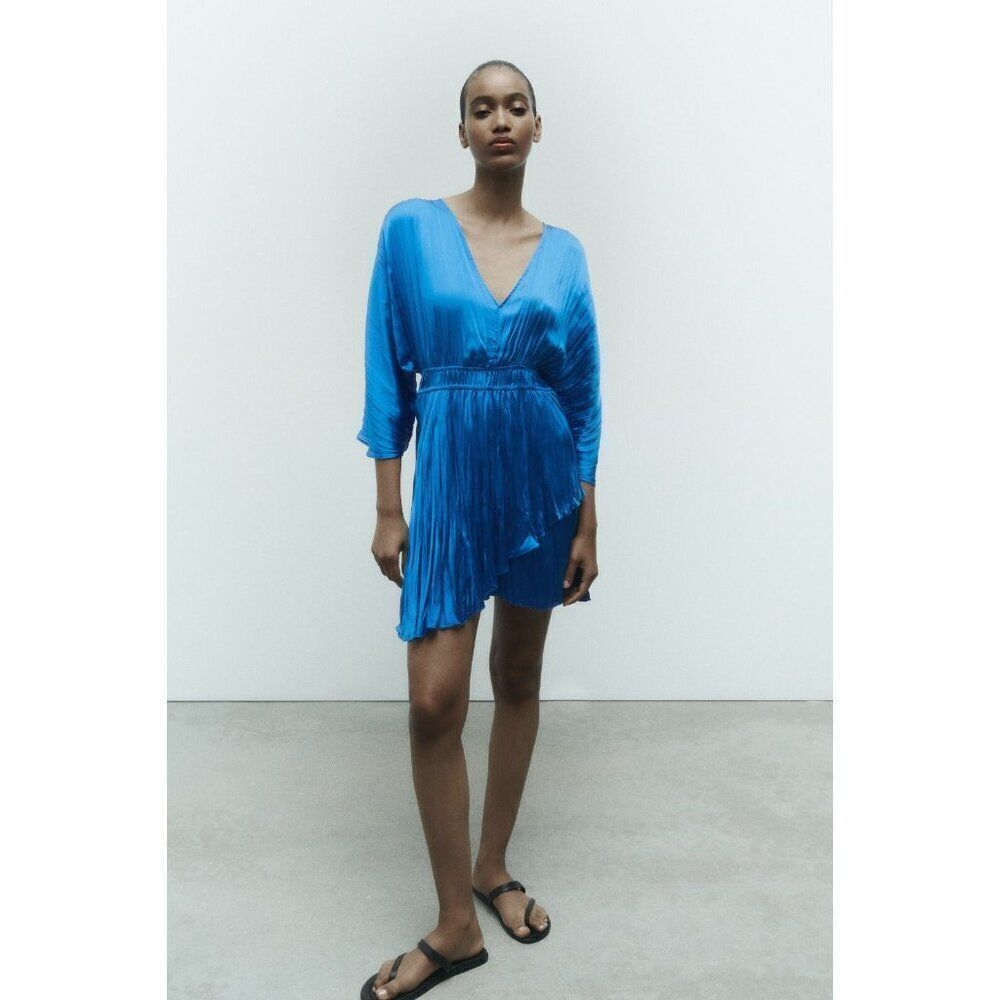Zara Womens Short Romper Jumpsuit Dress M Blue Satin Effect Vneck 9878/233 NWT